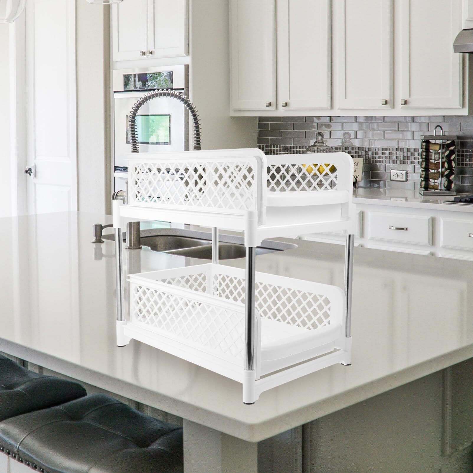 Organizer Estraibile a 2 Livelli Bianco per Mobiletto Bagno Sotto Lavandino