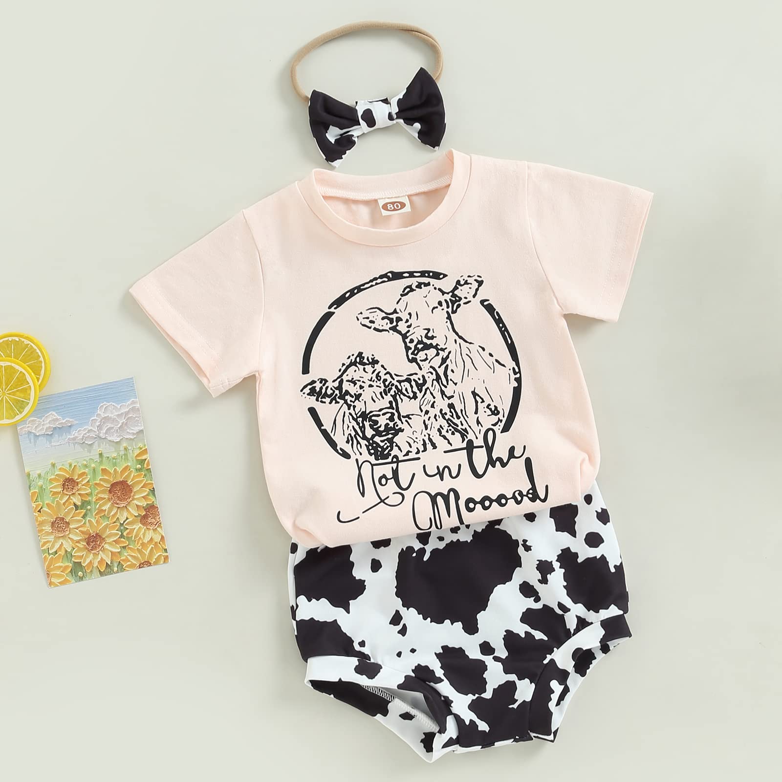 Western Baby Girl Clothes Boho Cow Print Short Sleeve T Shirt Top + Bloomer Shorts Set Infant Summer Outfits (B-Beige, 18-24 Months)