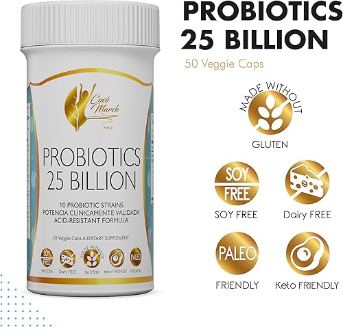 Miniatura 3 de Coco March Probiotic 25 mil millones - 10 cepas probióticas, fórmula resistente a los ácidos de alta potencia para adultos y niños, sin gluten, sin