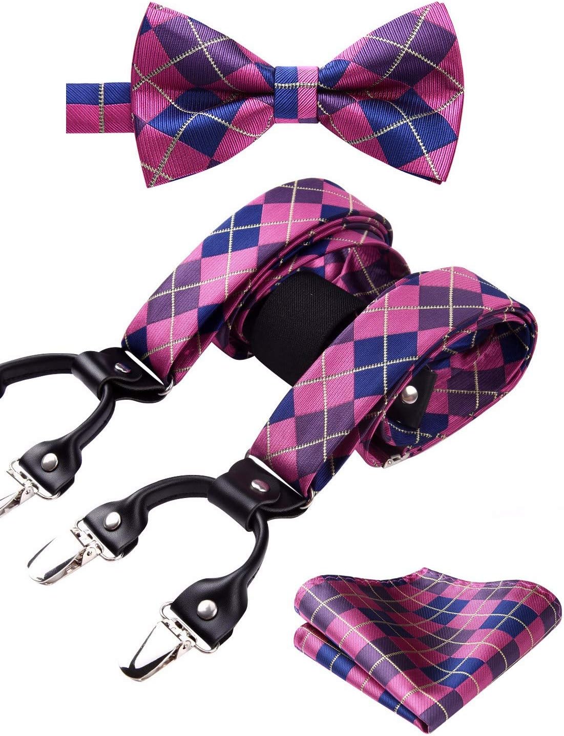 HISDERN Bow Tie and Suspenders for Men Suspender and Bowtie Handkerchief Set Adjustable Y Shape 6 Clips Wedding Brace