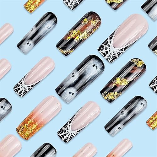 Miniatura 10 de Uñas postizas cuadradas a presión de Halloween, con punta francesa con diseño de casa terrorista y araña, uñas postizas coloridas, graffiti, uñas