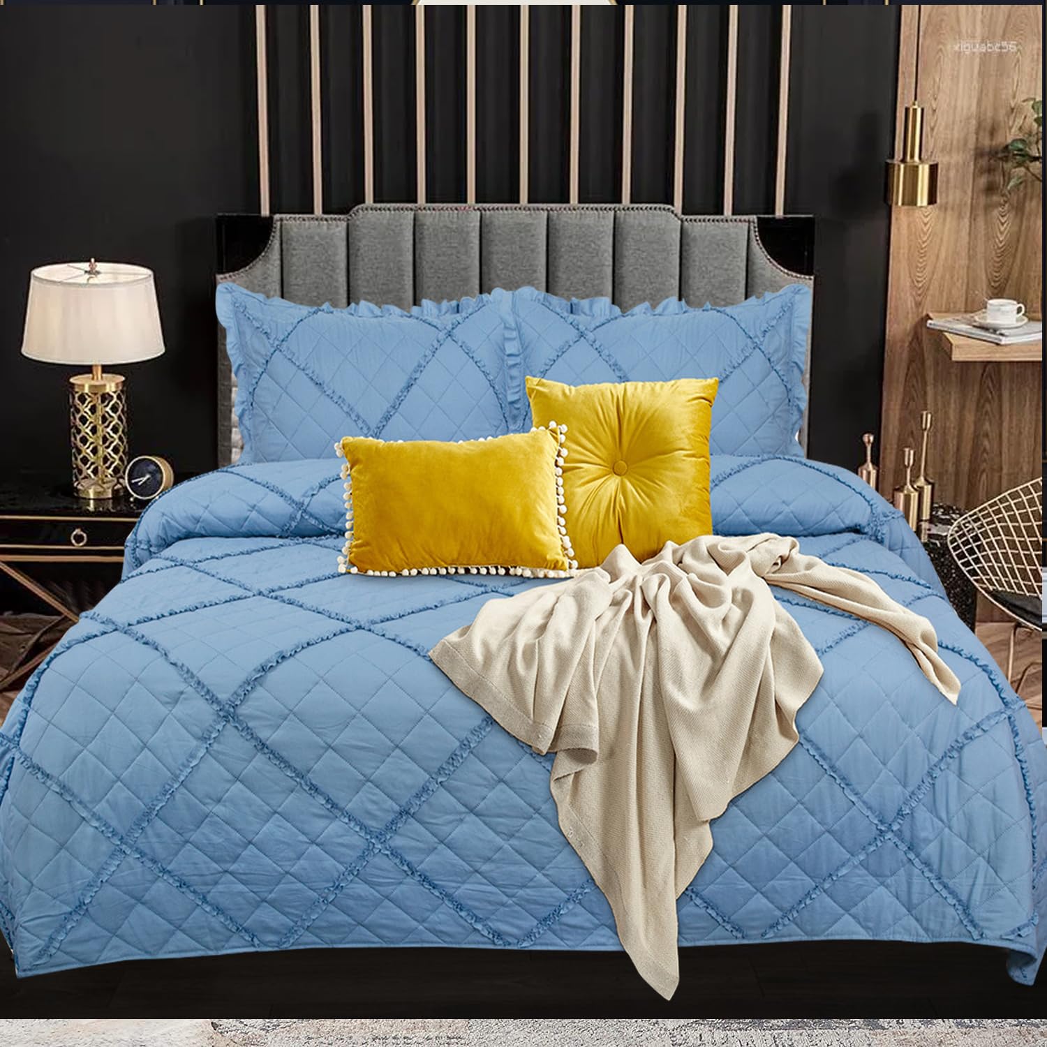 Fit Even Quilt Ruffle Bedspread 3 Piece Set – Coverless Quilted Diamond Pattern Bedspread, Comforter Throw, Summer and All-Season Lightweight Bedding Sets, with 2 Pillow Sham (Double, Blue)