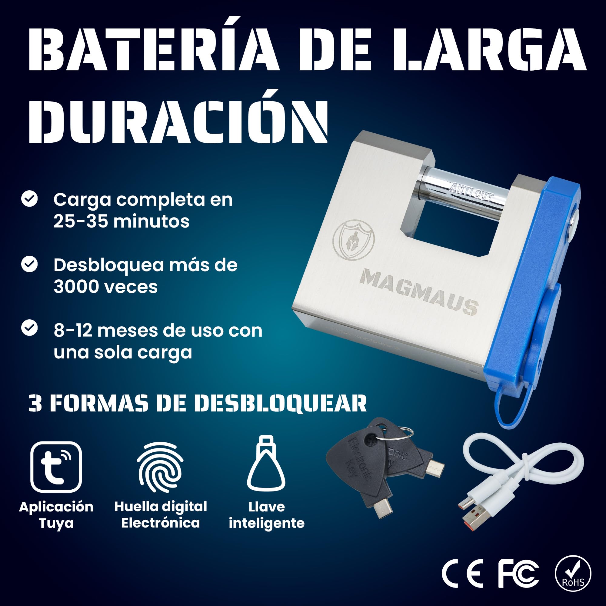 Magmaus® SRL70 Candado digital, reconocimiento biométrico sin llave, memoria para 20 huellas, 2 llaves y aplicación, Resistencia IP68 al agua y al polvo para contenedores, puertas y cobertizos.
