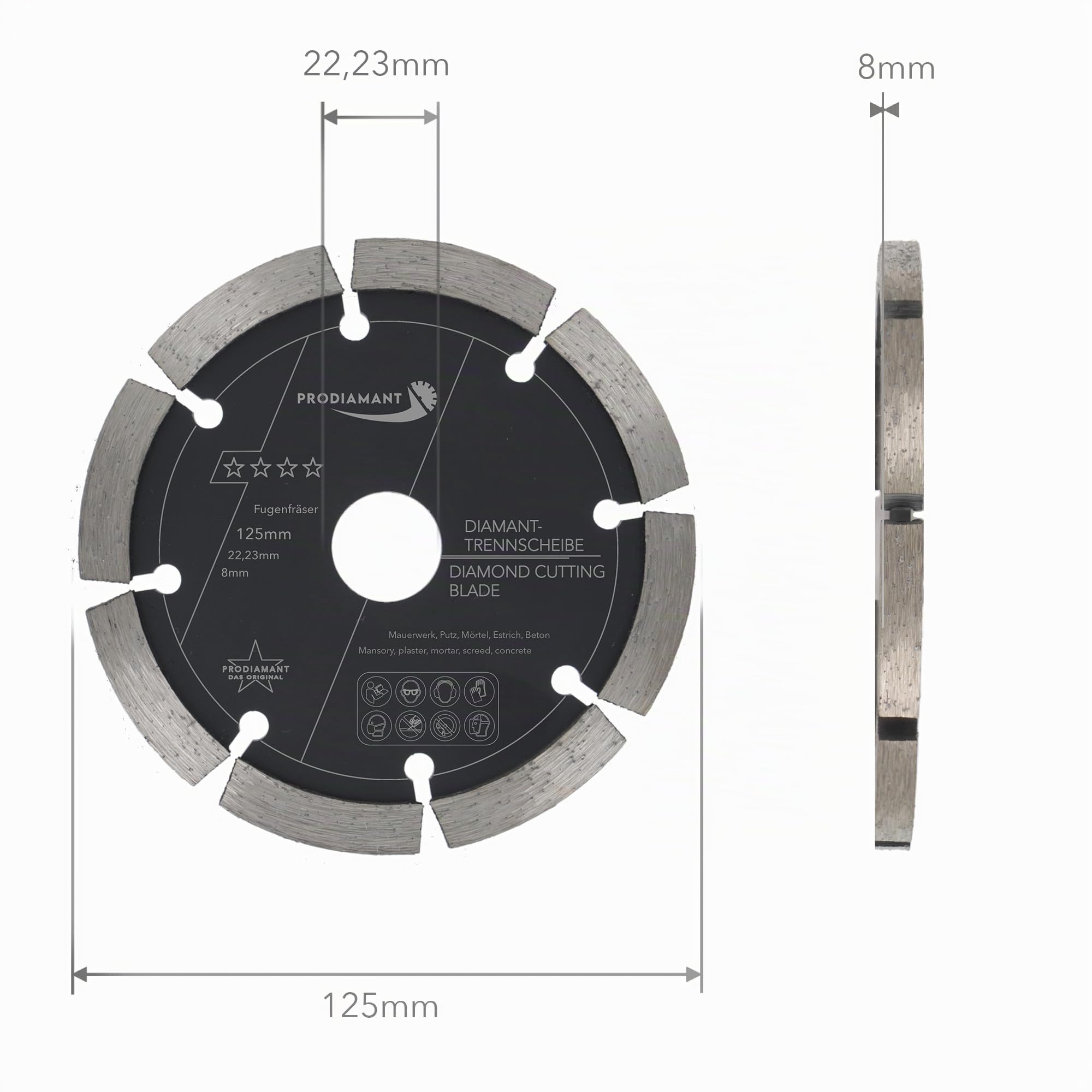 PRODIAMANT Fraise à joints Ø 125 mm x 22,23 mm – largeur 8 mm, disque de fraisage diamanté pour mortier, béton, maçonnerie et enduit, segment 10 mm, qualité professionnelle, pour meuleuses d'angle