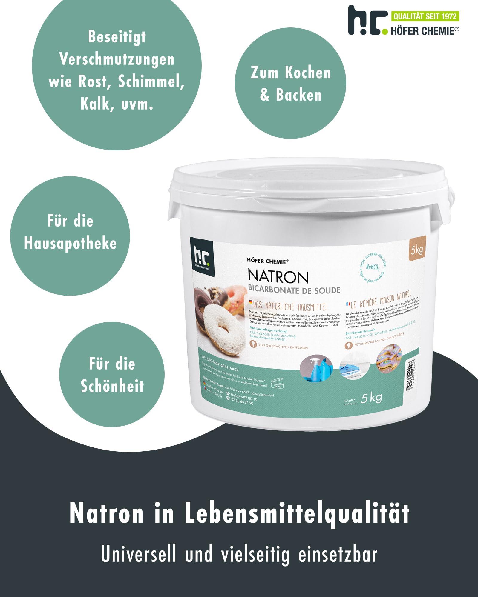 Höfer Chemie Natron Backsoda Natriumhydrogencarbonat 4 x 5 kg - Natron Pulver in Lebensmittelqualität - Effektives Hausmittel - Vielseitig Verwendbar