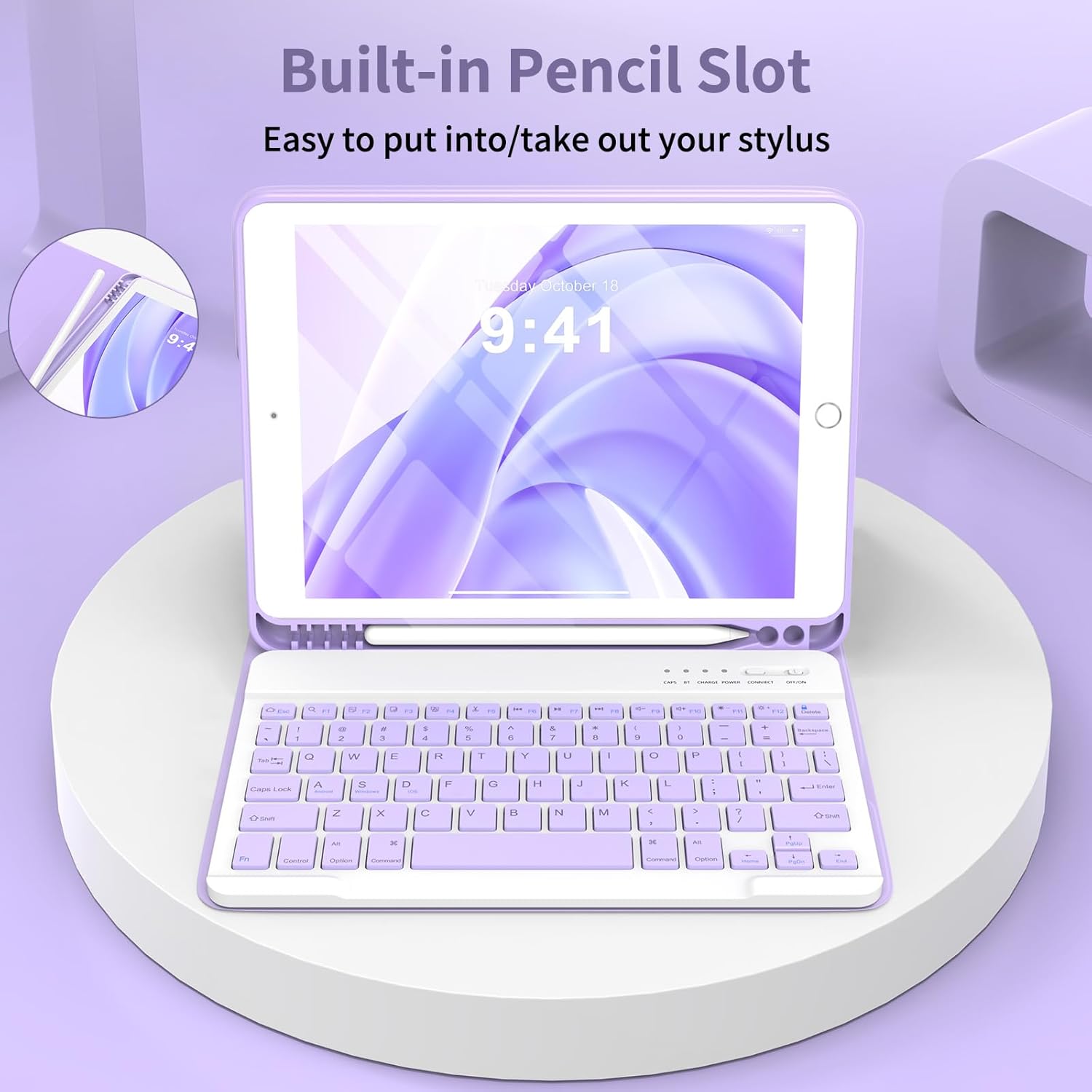 KBCASE Keyboard Case for iPad 9th/8th/7th Generation 2021/2020/2019, Compatible with iPad Air 3/Pro 10.5, Detachable Wireless Keyboard Case with Pencil Holder (Purple)