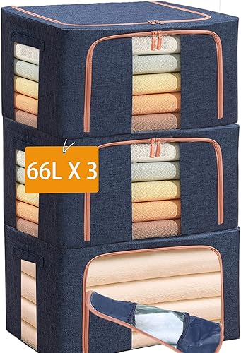 Miniatura 9 de Large Capacity Clothes Storage Bags,Stackable Storage Organizer with Foldable Metal Frame, Zipper, Handles, Clear Window, Navy, 3 Pack)