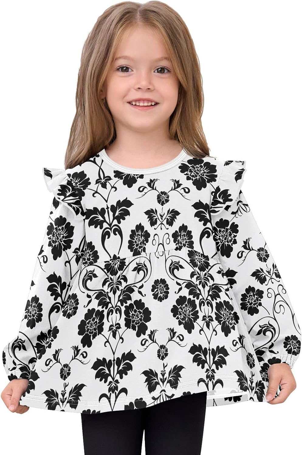 visesunny Toddler Clothes for Girls Black Cool Flower Totem Long Sleeve Fall Shirts Cotton Top with Ruffle Collar