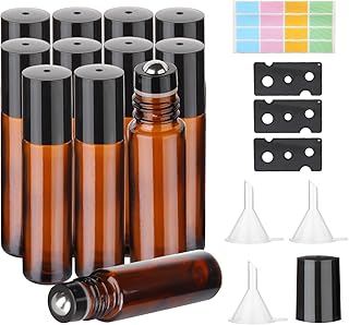 Hyber&Cara 10ml Glass Roll on Bottles, 12Pcs Essential Oils Roller Bottles with Stainless Steel Roller Balls Perfect for Fragrance, Aromatherapy (Included 3 Bottle Opener,Sticker and 3 Funnels)