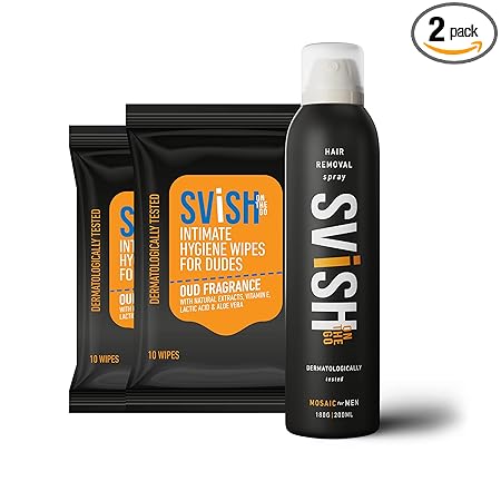 Svish Hair Removal Spray & Intimate Wipes for Men, (Combo of 1 Hair Removal Spray & 2 Pack Of Wipes (20 Pulls)