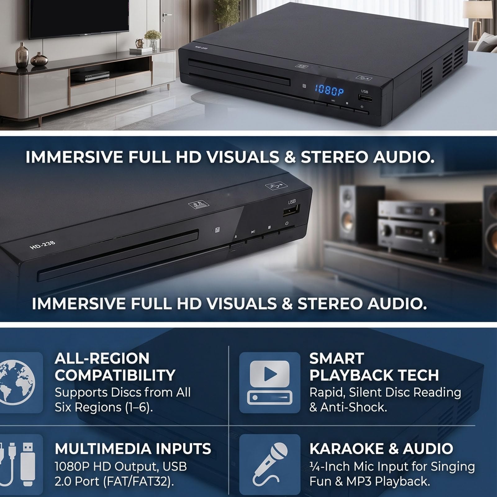 PUSOKEI Odtwarzacze DVD dla Telewizorów z HDMI, Odtwarzacze HD DVD 1080P Bez Regionu z Pilotem i Kablem HDMI/AV, odtwarzają Wszystkie Regionalne Płyty i Wiele Formatów, obsług (1080P)