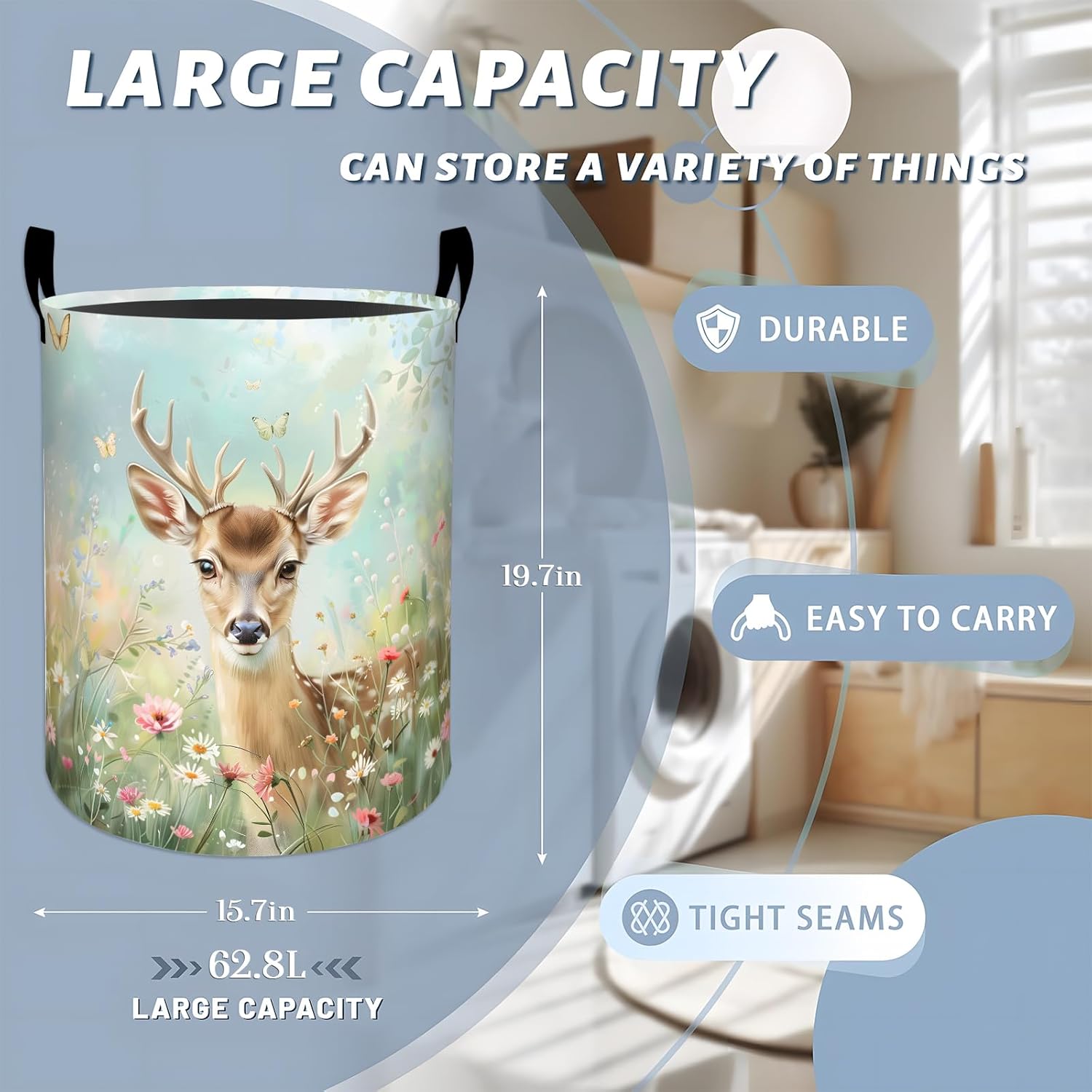 Cute Deer with Daisies and Butterflies Laundry Basket with Handles, 19.7"x15.7" Clothes Foldable Laundry Hamper Organizer for Dorm Nursery Bedroom Bathroom Decor, Toy Storage Bin for Kids