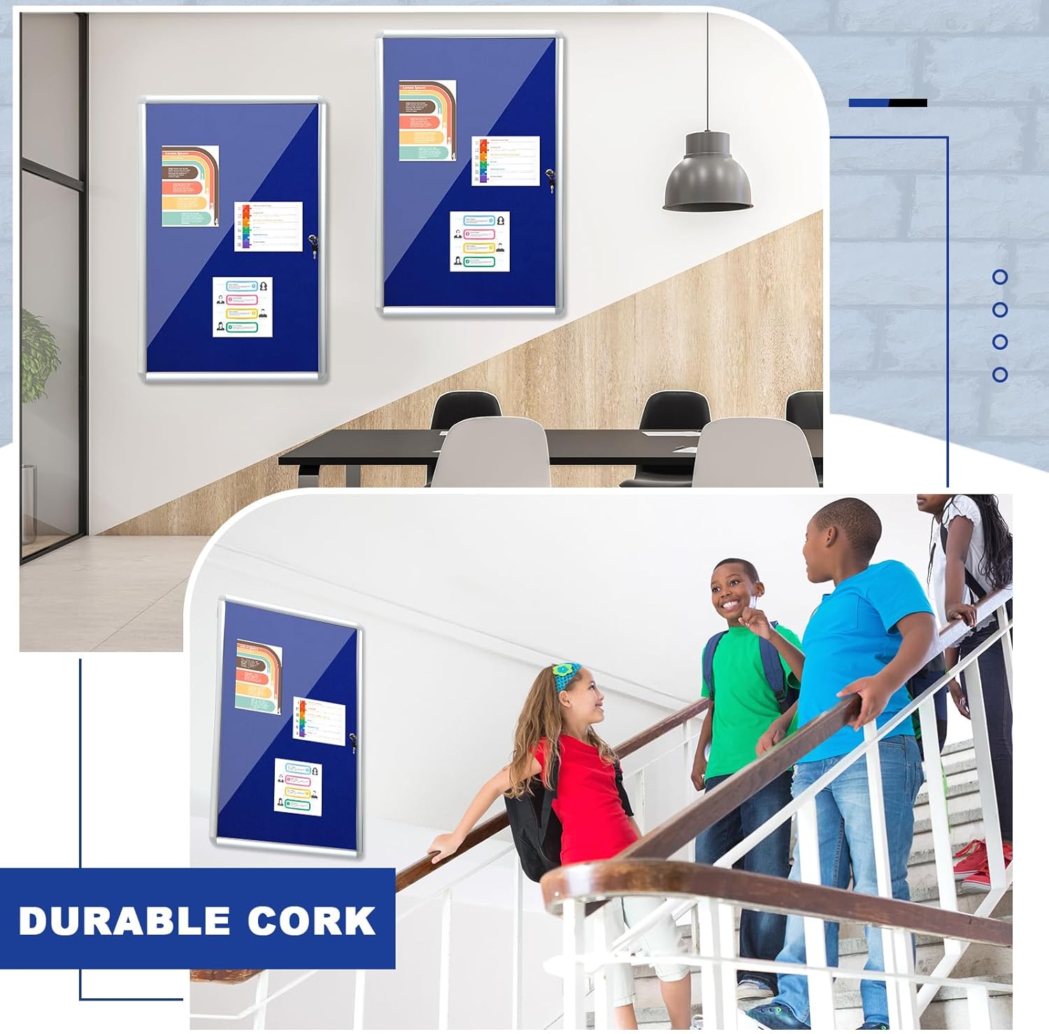 Blulu 2 Set 24 x 36 Inch Enclosed Bulletin Boards Lockable Noticeboard Windproof Outdoor Cork Display Wall Case with Locking Door for School Office Notices(Blue)