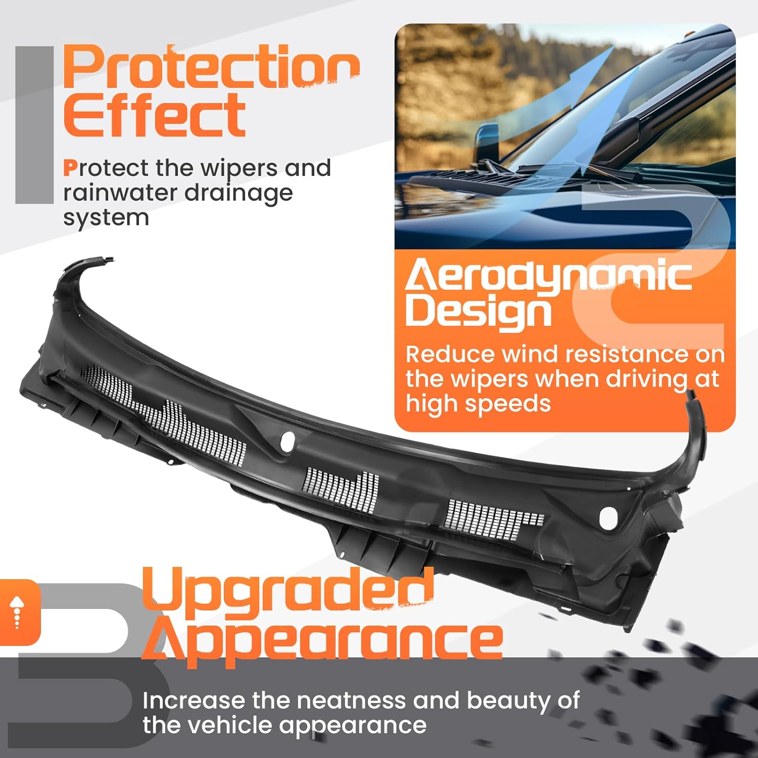 Windshield Wiper Cowl Panel Grille Compatible with 2009-2018 Dodge Ram 1500 2500 3500 & 2019-2024 Ram 1500 Classic Replacement for 55112305AB 55112305AC 55112305AD Air Inlet Window Cover