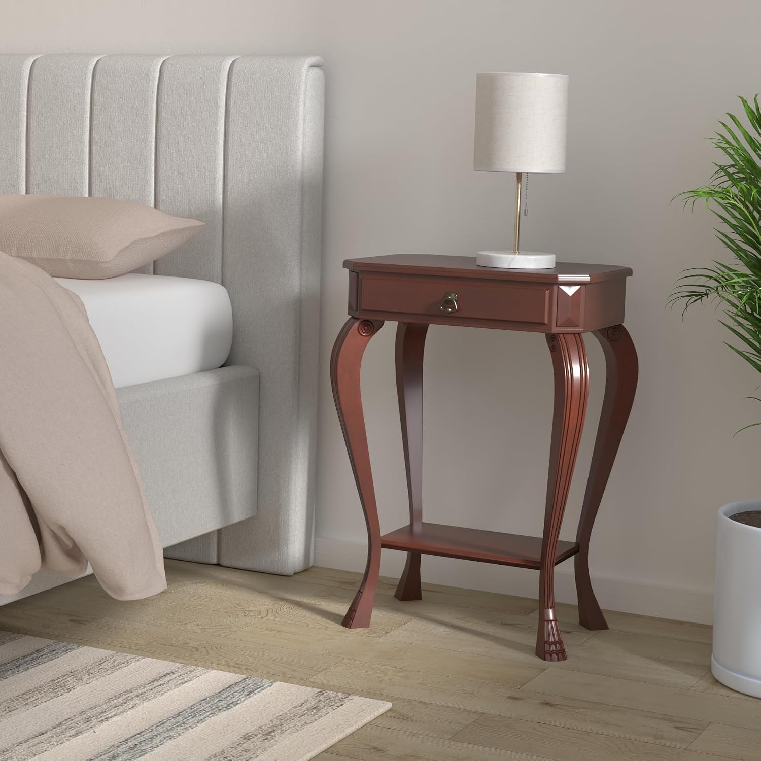 Bowery Hill Traditional Wood Console Table, Cherry Dark Brown Finish, 30.5"H x 22"W x 15"D, Solid Wood Construction, Antique Brass Hardware, Lower Shelf, Rectangle Design, Entryway or Living Room Use