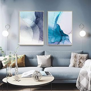 Pintura en lienzo Arte de la pared Abstracto Agua Color Azul Textura Líneas Arte Póster Impresión Imagen de pared para sala de estar Decoración de la habitación-30x40cmx2 Sin marco