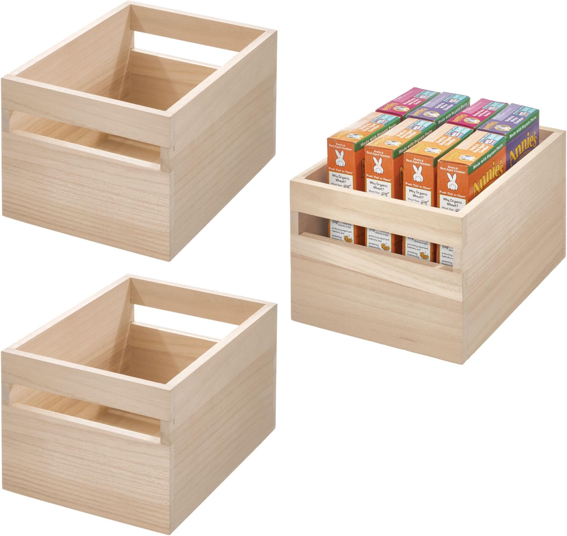 iDesign Stackable Paulownia Wood Pantry Storage Bin with Handles - Set of 3 - Natural