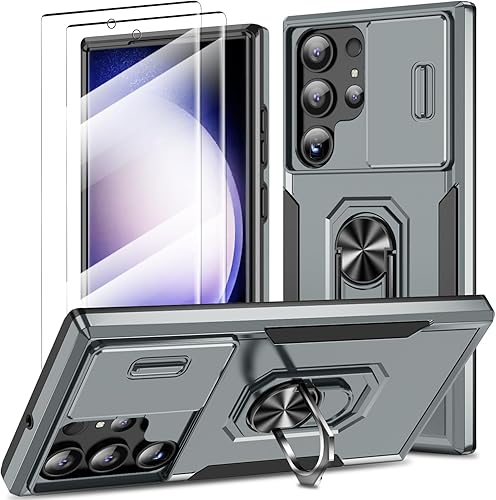 Funda para Samsung Galaxy S23 Ultra con funda deslizante para cámara y 2 protectores de pantalla, grado militar, a prueba de golpes, con soporte de