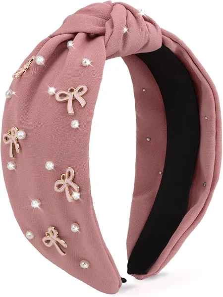 Uintoon Pink Headband Bow Pearl Knotted Headbands for Women Girls Cute Fashion Wide Headbands for Women Non Slip Hairbands Head Bands for Women's Hair Bow Hair Accessories