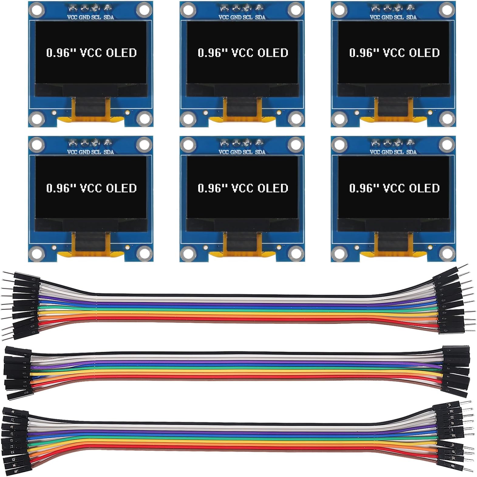 6pcs 0.96 inch OLED IIC I2C Display Module SSD1306 128x64 LCD Screen Driver with 30pin Dupont Cables for Arduino Projects(White/VCC Screen)
