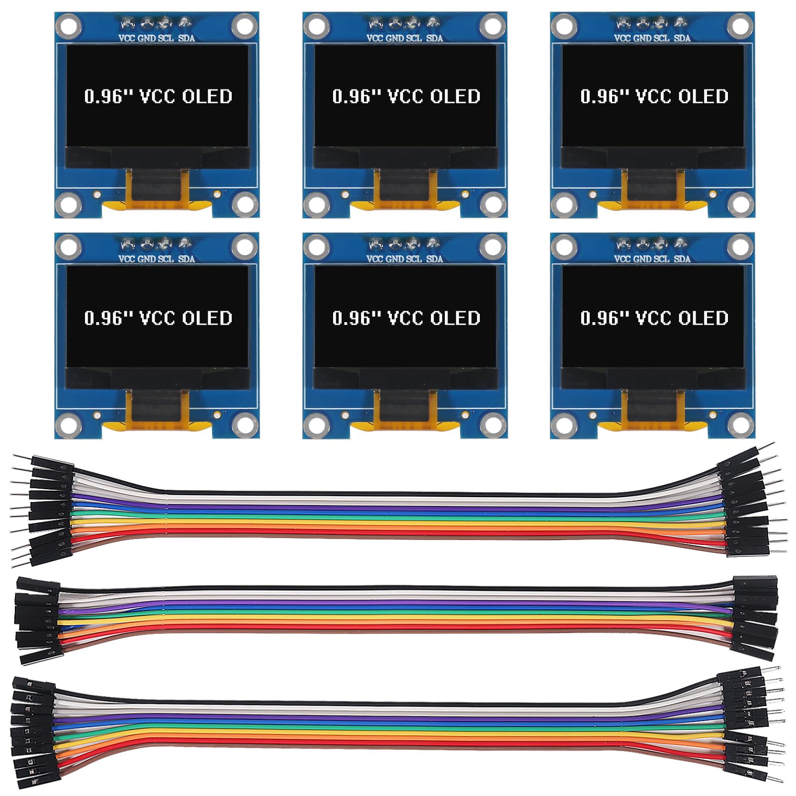 6pcs 0.96 inch OLED IIC I2C Display Module SSD1306 128x64 LCD Screen Driver with 30pin Dupont Cables for Arduino Projects(White/VCC Screen)