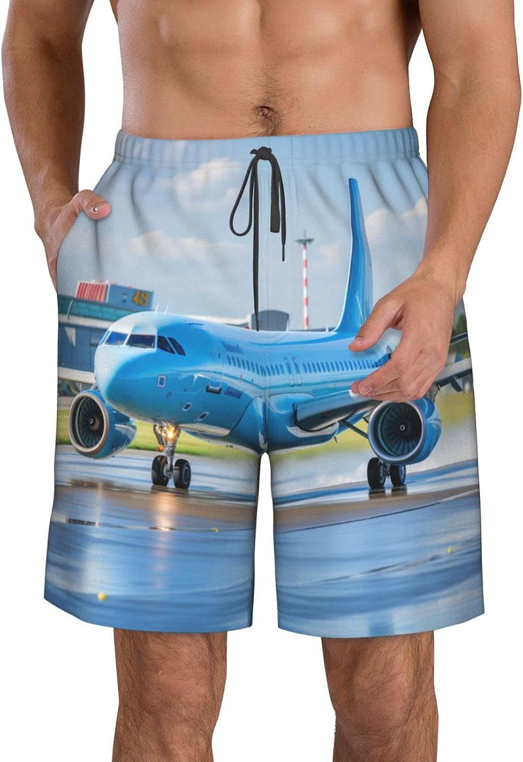 Flying Airplane Print Mens Casual Shorts Drawstring Summer Beach Stretch Shorts Novelty Swimtrunks White