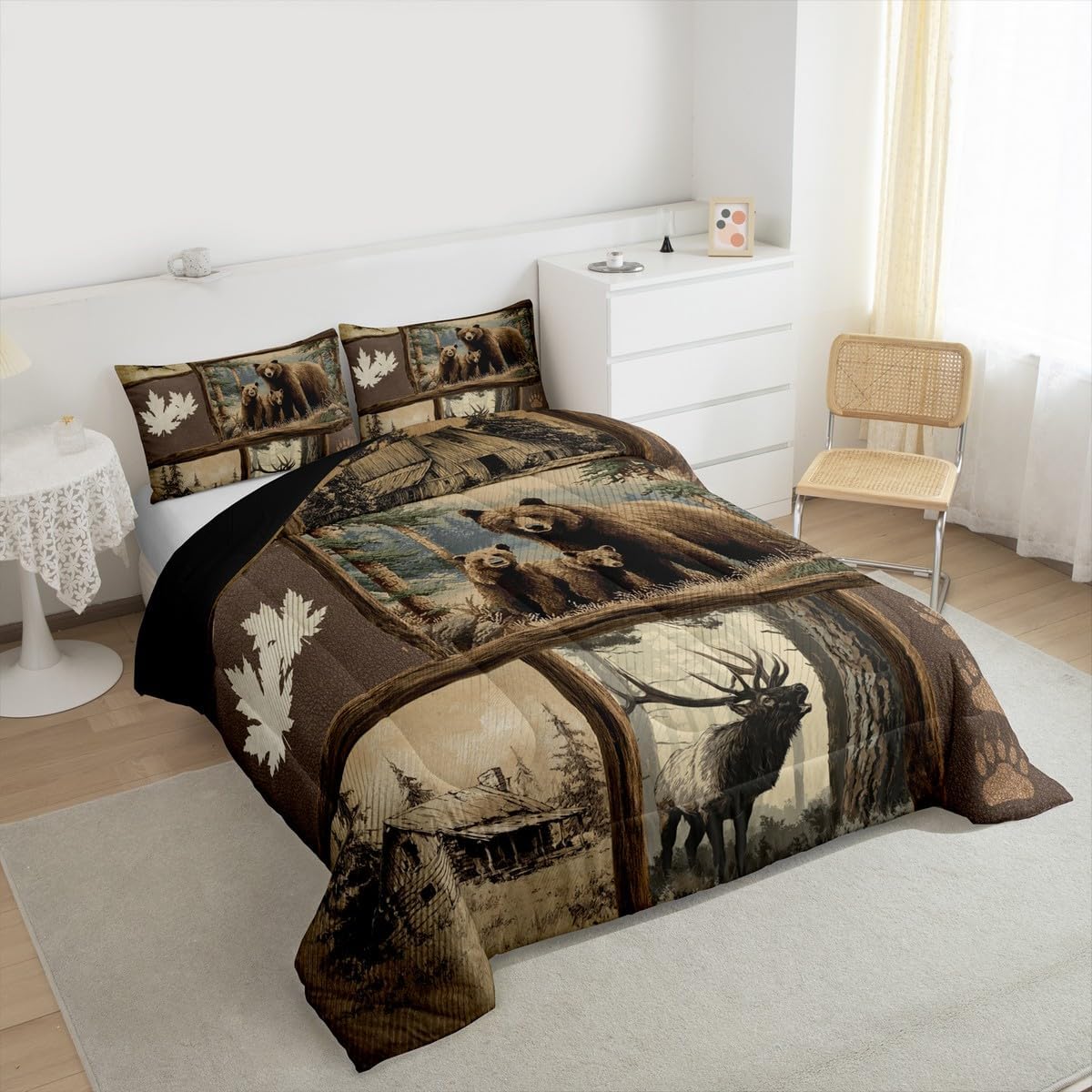 Erosebridal Grizzly Bear Deer Plaid Kids Comforter Sets Hunting Wildlife Theme King Bedding Set for Boys Men Rustic Farmhouse Cabin Comforter Set,Western Country Maple Leaf Quilt Duvet 3 Pcs
