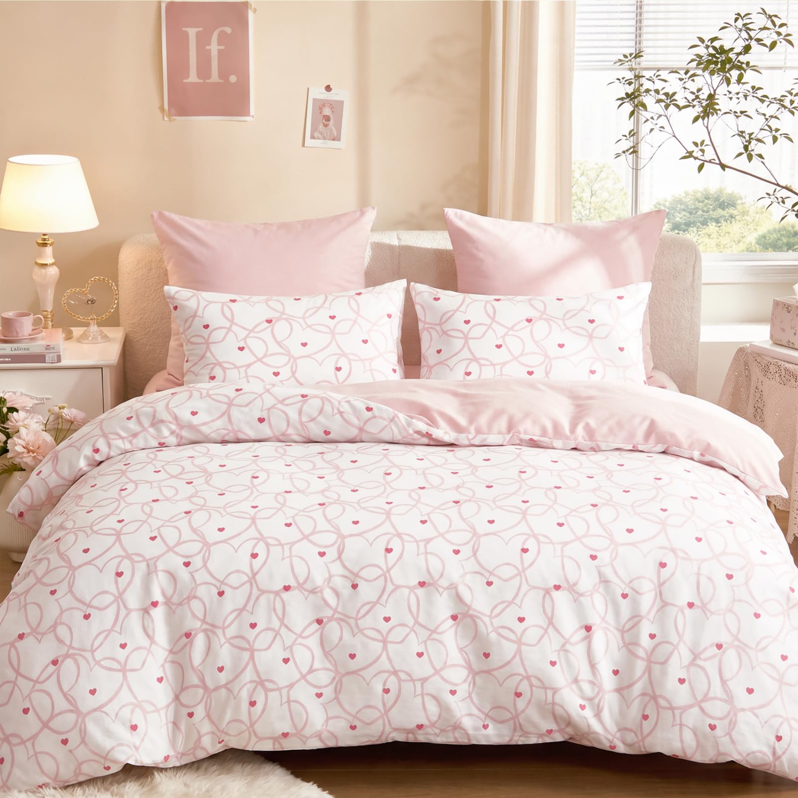 Freyamy Herz Bettwäsche 135x200 Herzen Weiß Rosa Mädchen Bettwäsche Set