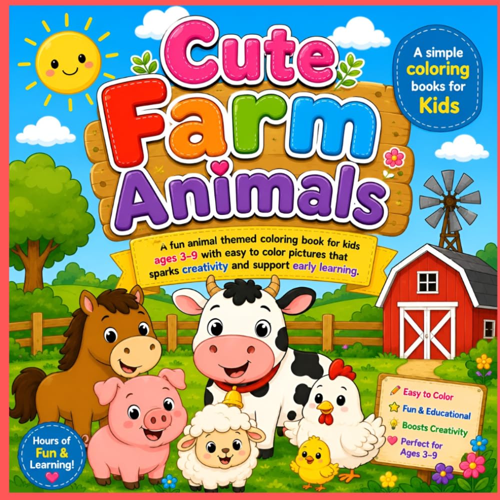Cute Farm Animals: A Simple Coloring Book For Kids