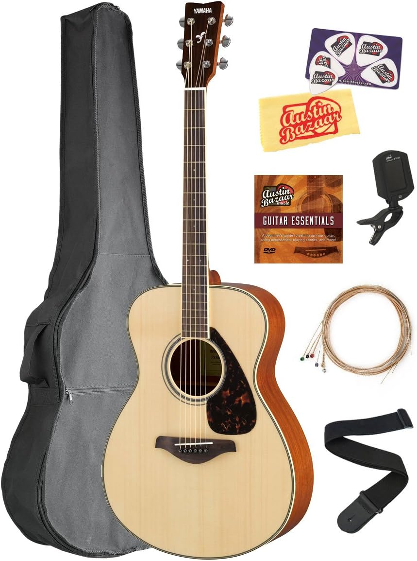 Yamaha FS820 Solid Top Small Body Acoustic Guitar - Natural Bundle with Gig Bag, Tuner, Strings, Strap, Picks, Austin Bazaar Instructional DVD, and Polishing Cloth