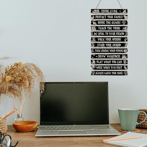 Vista 5 de Thinkday Decoración vikinga, letrero nórdico, código vikingo, decoración de pared, runa nórdica pagana de madera, valknut nórdico medieval vegvisir