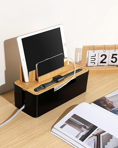 Miniatura 6 de Caja de organización de cables con tapa de madera, organizador multidispositivo para teléfonostabletasrelojes inteligentes, organizador de cables de