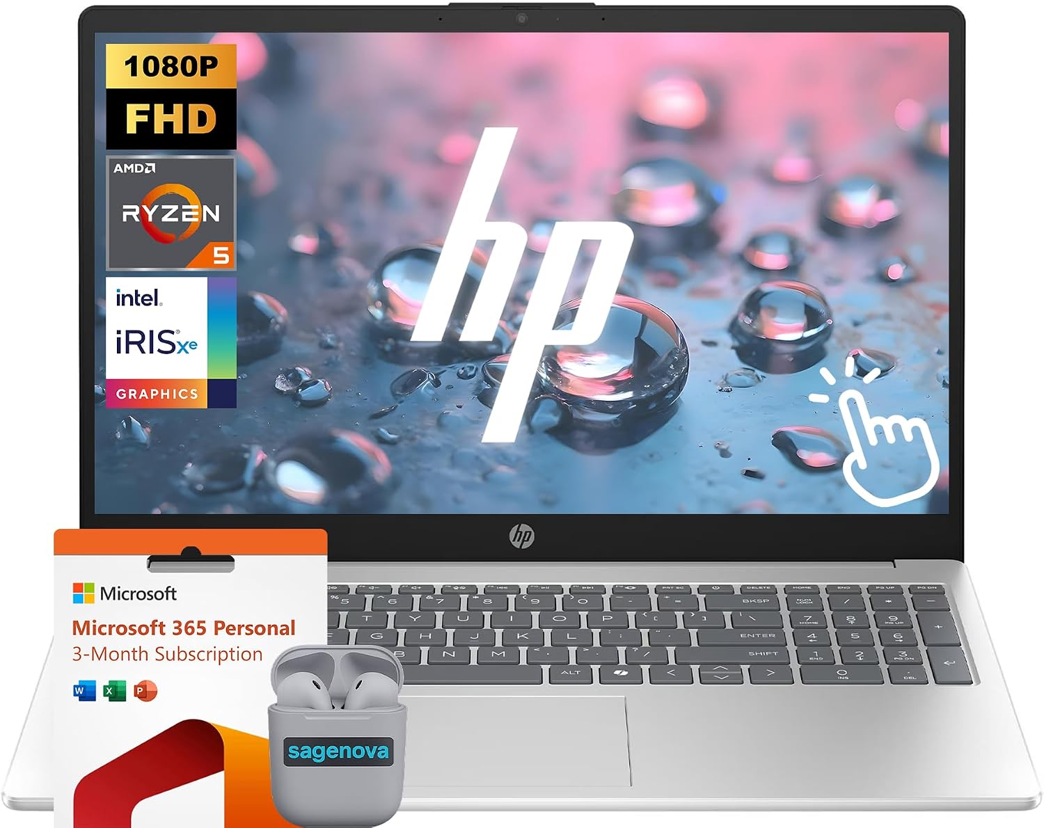 HP 15.6" Touchscreen Laptop with Microsoft 365 & Copilot AI, 8GB RAM 512GB SSD, AMD Ryzen 5, FHD 1920 x 1080 IPS Display, Windows 11 Home, SageNova Earphones, Natural Silver