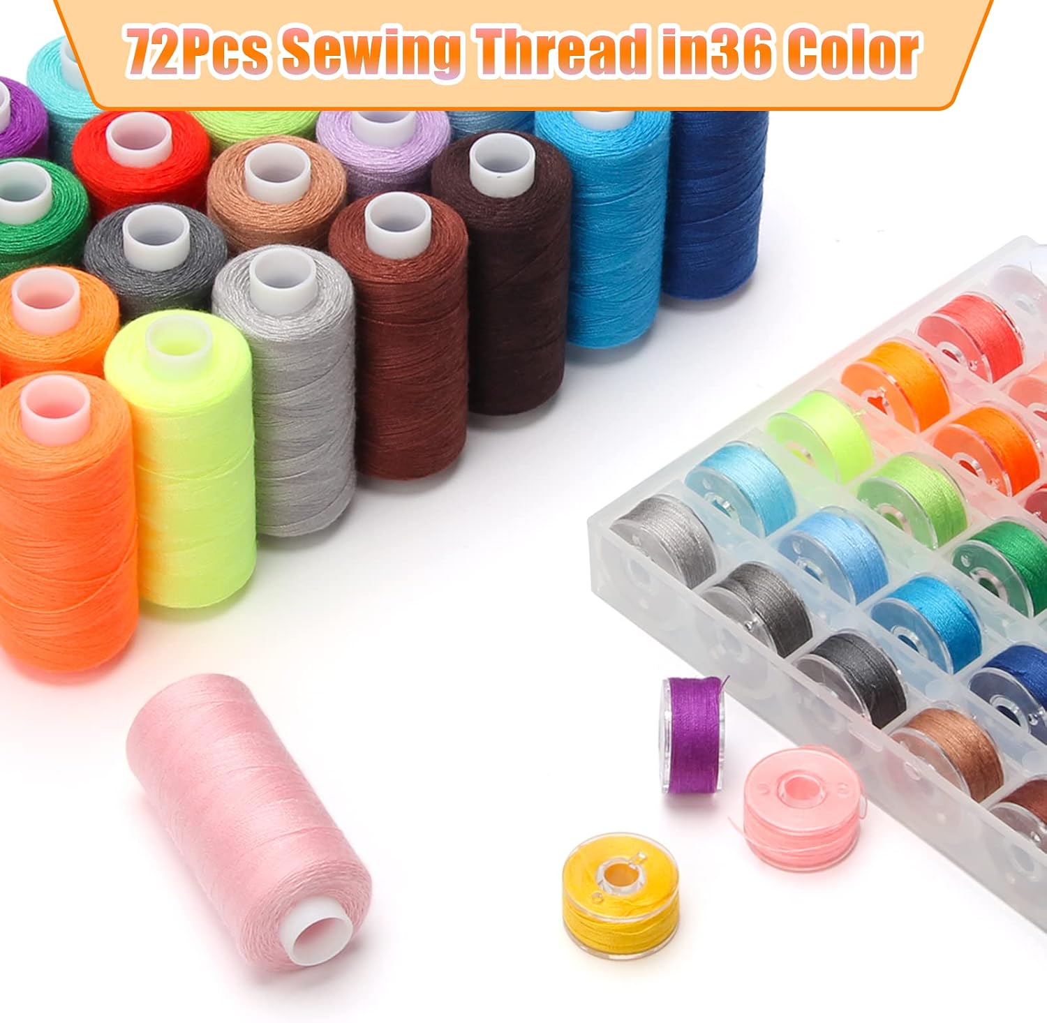 WIWAPLEX 72pc Bobbin Sewing Kit, 437 Yards Thread, 36 Colors, Prewound, Hand & Machine Sewing, Emergency & Travel, DIY & Home