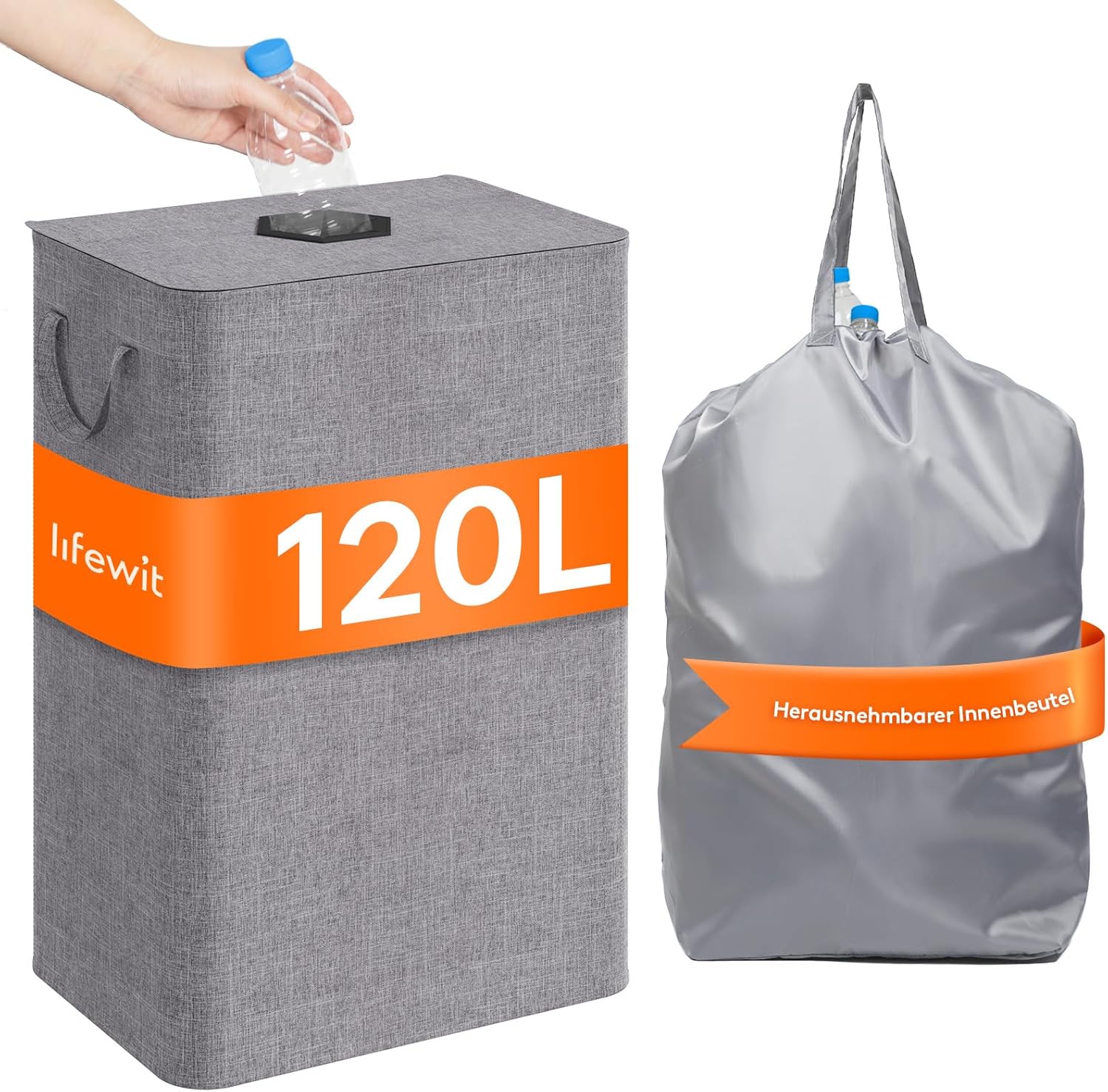 Lifewit 120L Pfandflaschen Sammelbehälter mit Deckel, Groß Pfandflaschen Aufbewahrung, Behälter Leergut & Altglas Aufbewahrung, Flaschensammler mit Loch Küche Abstellraum Flaschentasche, Hellgrau