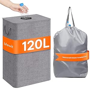 Lifewit 120L Pfandflaschen Sammelbehälter mit Deckel, Groß Pfandflaschen Aufbewahrung, Behälter Leergut & Altglas Aufbewahrung, Flaschensammler mit Loch Küche Abstellraum Flaschentasche, Hellgrau