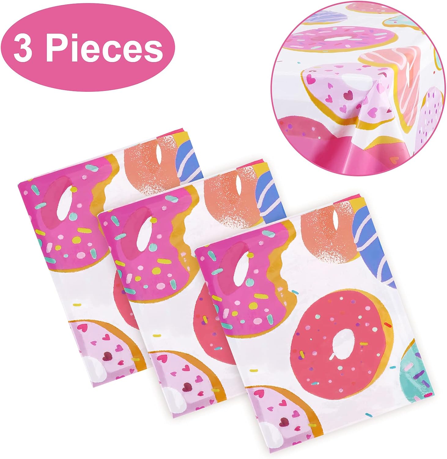 PHOGARY 3Pcs Donut Theme Tablecovers, Disposable Tablecloth, Dessert Time Party Supplies, Ideal for Girl Birthday Parties, Baby Showers, Donut Parties(3)