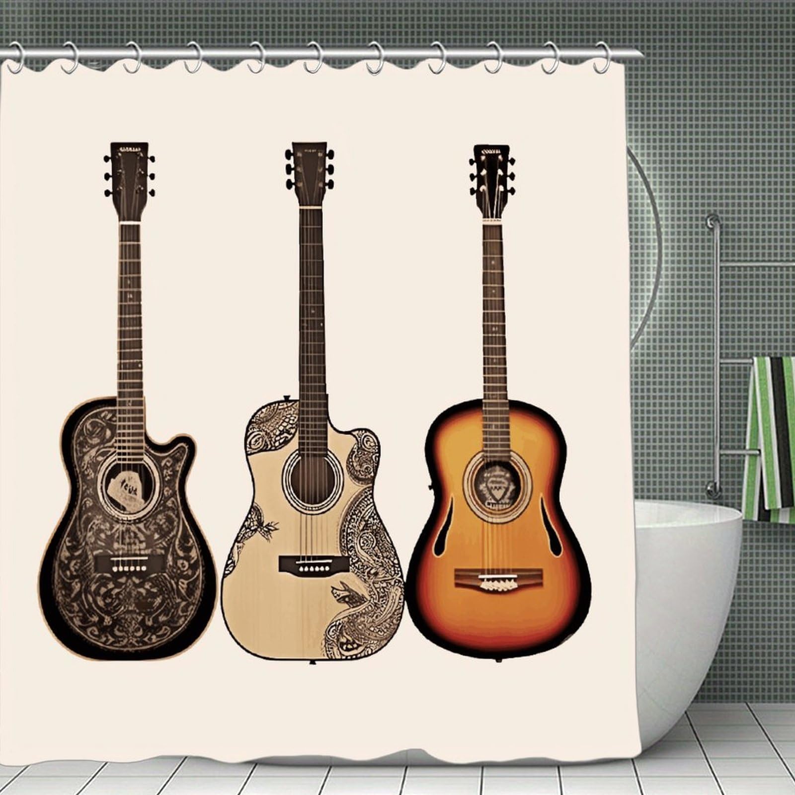 FekiLoot Guitar Shower Curtain with Hooks Modern Farmhouse Bathroom Curtain Waterproof Cloth Bath Curtains Cute Washable Blackout Privacy Curtains for Bathroom Bathtub 70.8"x70.8"