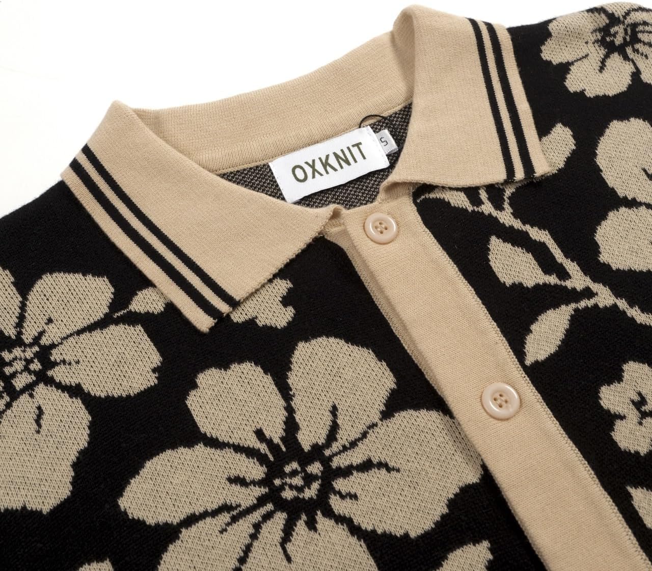 OXKNIT Men's Knit Short Sleeve Shirts Button Down Vintage Florals Plants Pattern Knitted Polo Shirt Black Apricot Polo