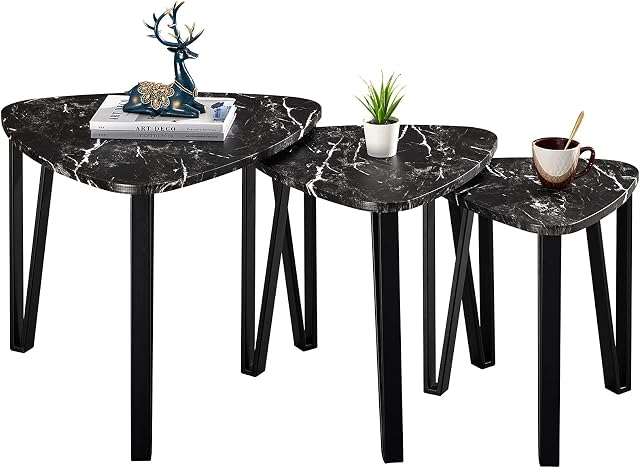 Aingoo Nest of Table Industrial Nesting Table Set of 3 Coffee Tables End Side Tables for Home and Office, Black MARBLE