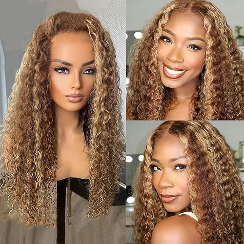13x4 Honey Blonde Lace Front Wigs Long 26" Ombre Piano Color Highlights Human Hair Wig Natural Looking Glueless Curly Lace Frontal Wigs Pre Plucked with Baby hair 150% Density