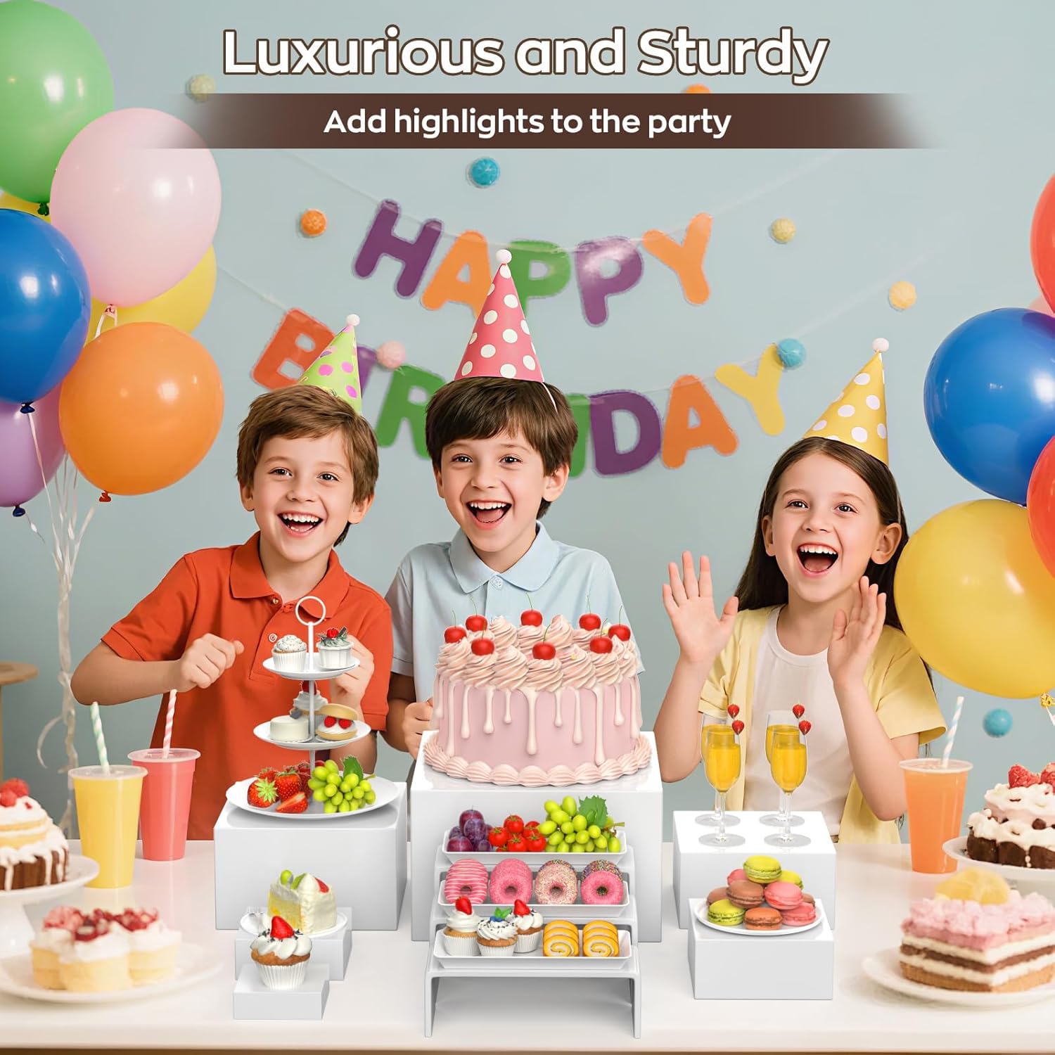 9PCS Buffet Risers and Stands, Food Risers for Buffet Table, White Acrylic Boxes Risers and Display Stand, Includes 6PCS Cube Boxes (10", 8", 7", 6", 5", 4") and 3PCS Display Stand ( 9"*3"*5"/ 4"/ 3")