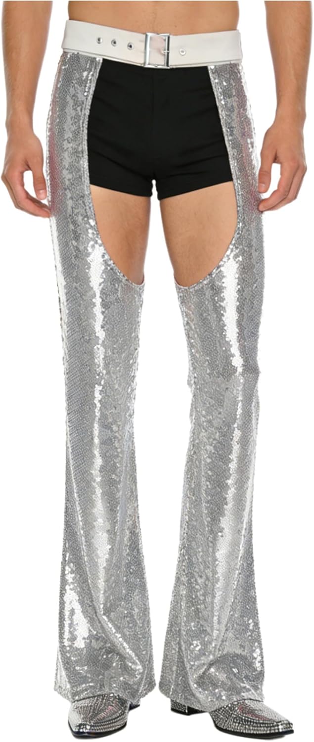Men's Halloween Shiny Sequin Cowboy Chaps Hollow Out Flared Pants Masquerade Club Trousers
