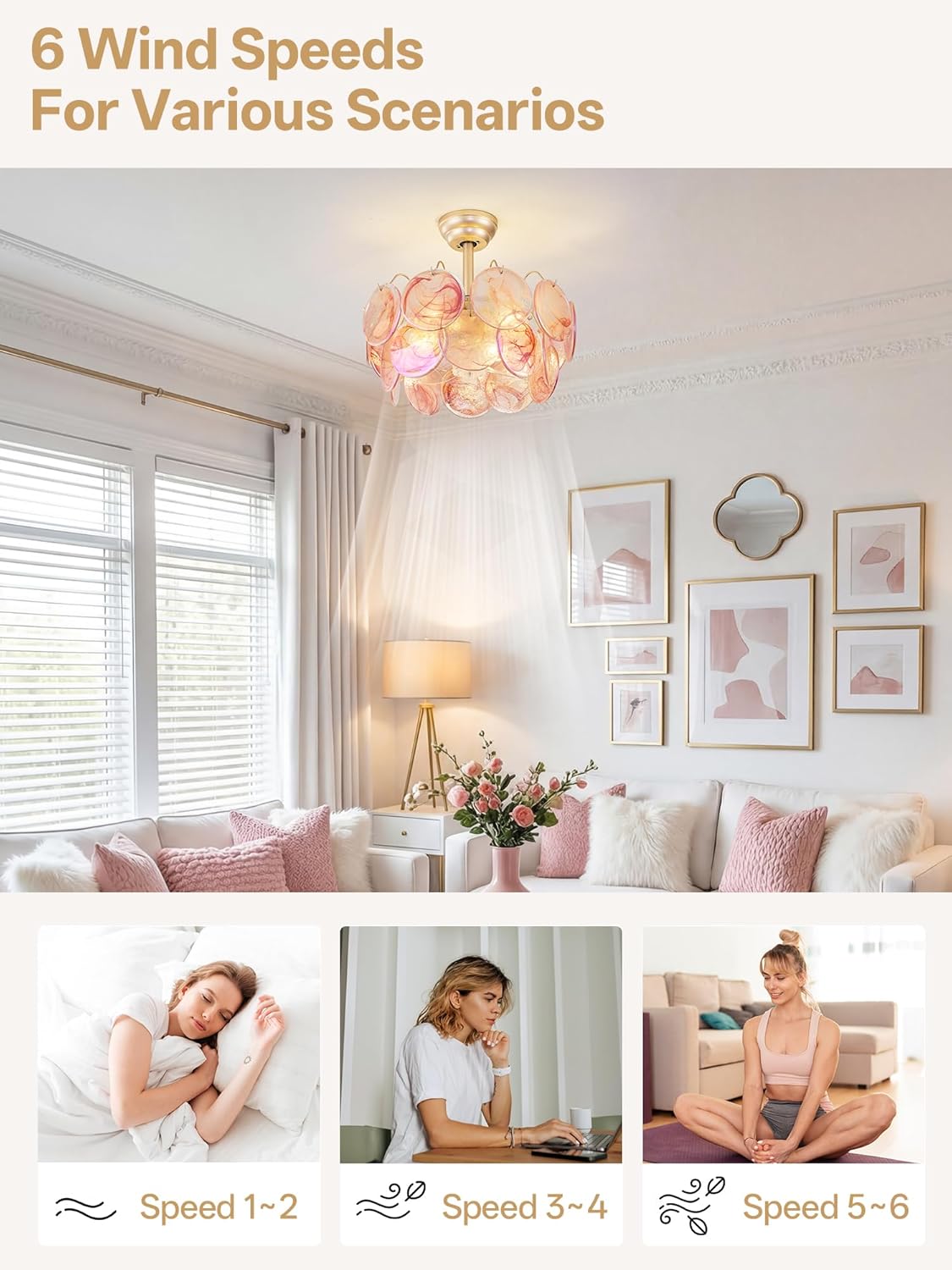 20" Gold Crystal Fandelier Ceiling Fans with Lights, Gold Flower Chandelier Ceiling Fan with Light Remote Control, Caged Fancy with 6 Speeds for Girl's Bedroom, Living Room, Nursery (Pink)
