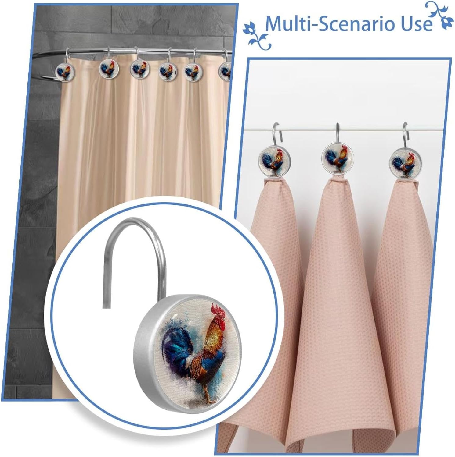 12PCS Rooster Watercolor (1) Shower Curtain Hooks Metal Rust Resistant Decorative Shower Curtain Hooks Bathroom Decorations