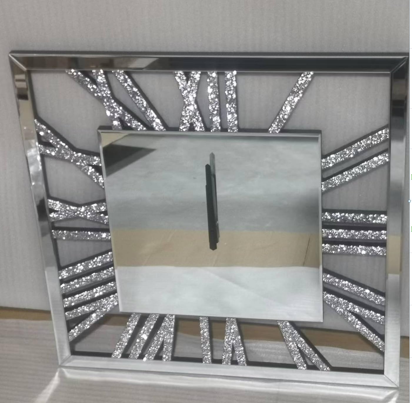 Deenz Silver Square Mirrored Crushed Crystal Wall Clock Loose Diamond Crystal Mirror Wall Silent Clock Chic Finishing Touch (60X60cm)
