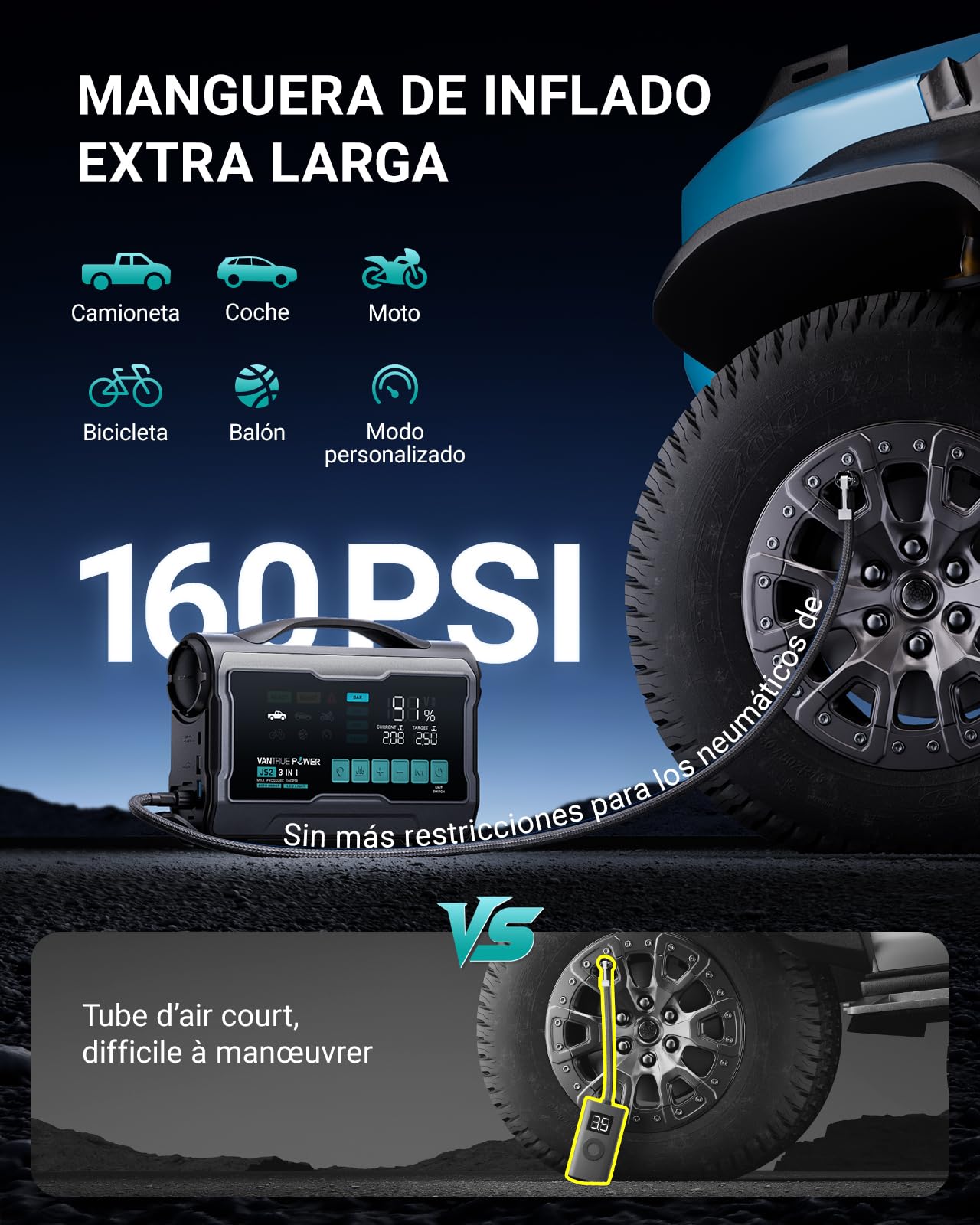 JS2 Arrancador, 16000mAh, 160 PSI Compresor, 65W, 59,2Wh Inflador con compart. boquillas y máx. Velocidad de inflado, indicador LED –para Gasolina 8L/diésel 7L, Incl. LED y Cables