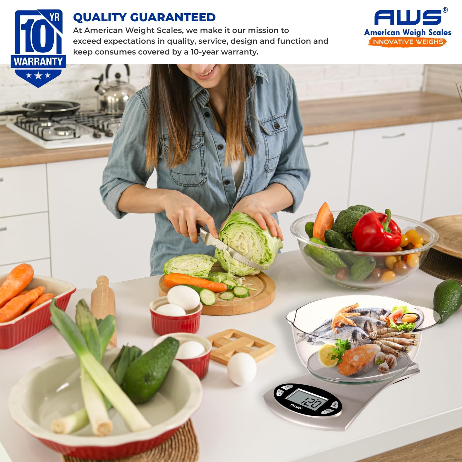 AWS Kitchen Pro - Báscula digital de precisión para alimentos de 0,1 g/0,001 onzas con vidrio templado, cuenco apto para lavavajillas, tara, temporizador, reloj y pantalla de temperatura ambiente |