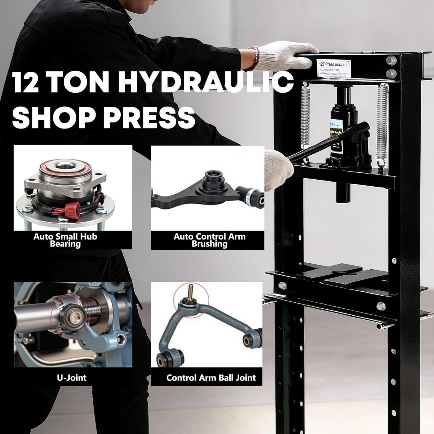 12-Ton Hydraulic h-Frame Shop Press with Adjustable Worktable & Press Plates | Heavy-Duty Press for Bending Straightening Bearing Installation | Ideal for Auto Repair Garages & Workshops,Balck.