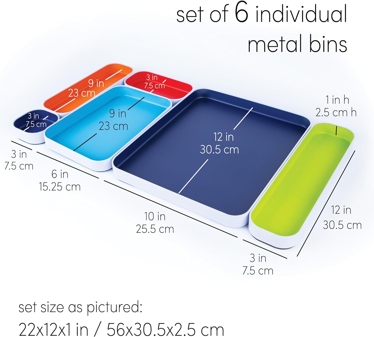 Three by Three Seattle 6 Piece Metal Organizer Tray Set for Storing Makeup, Stationery, Utensils, and More in Office Desk, Kitchen and Bathroom Drawers (1 Inch, Assorted Colors, Stripes)